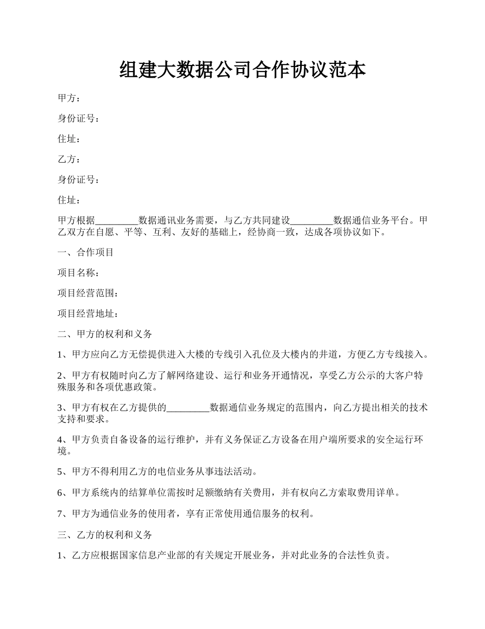 组建大数据公司合作协议范本.docx_第1页