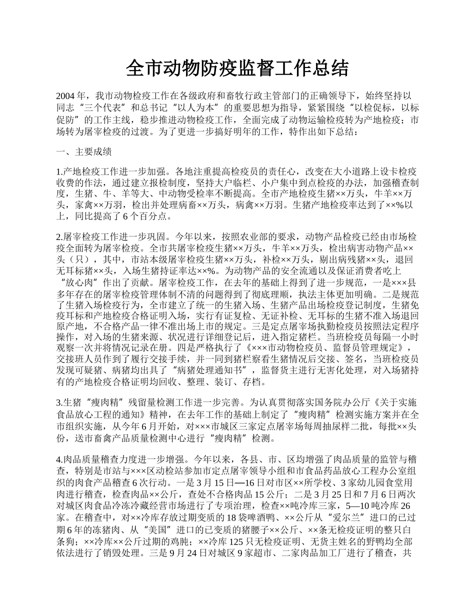 全市动物防疫监督工作总结.docx_第1页