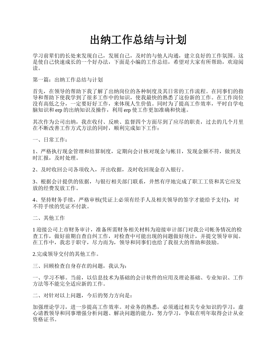 出纳工作总结与计划.docx_第1页