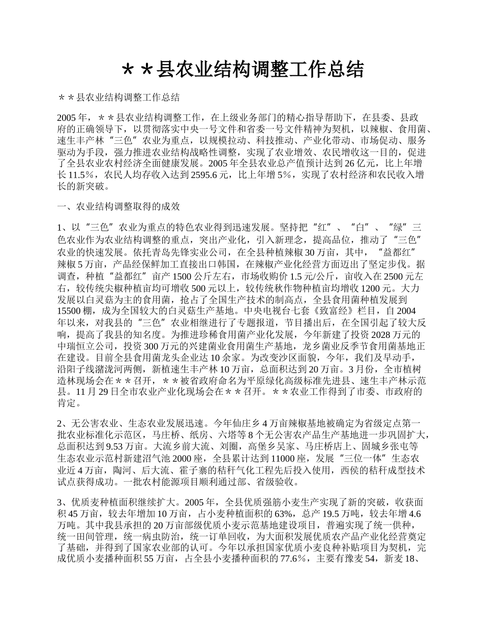 ＊＊县农业结构调整工作总结.docx_第1页