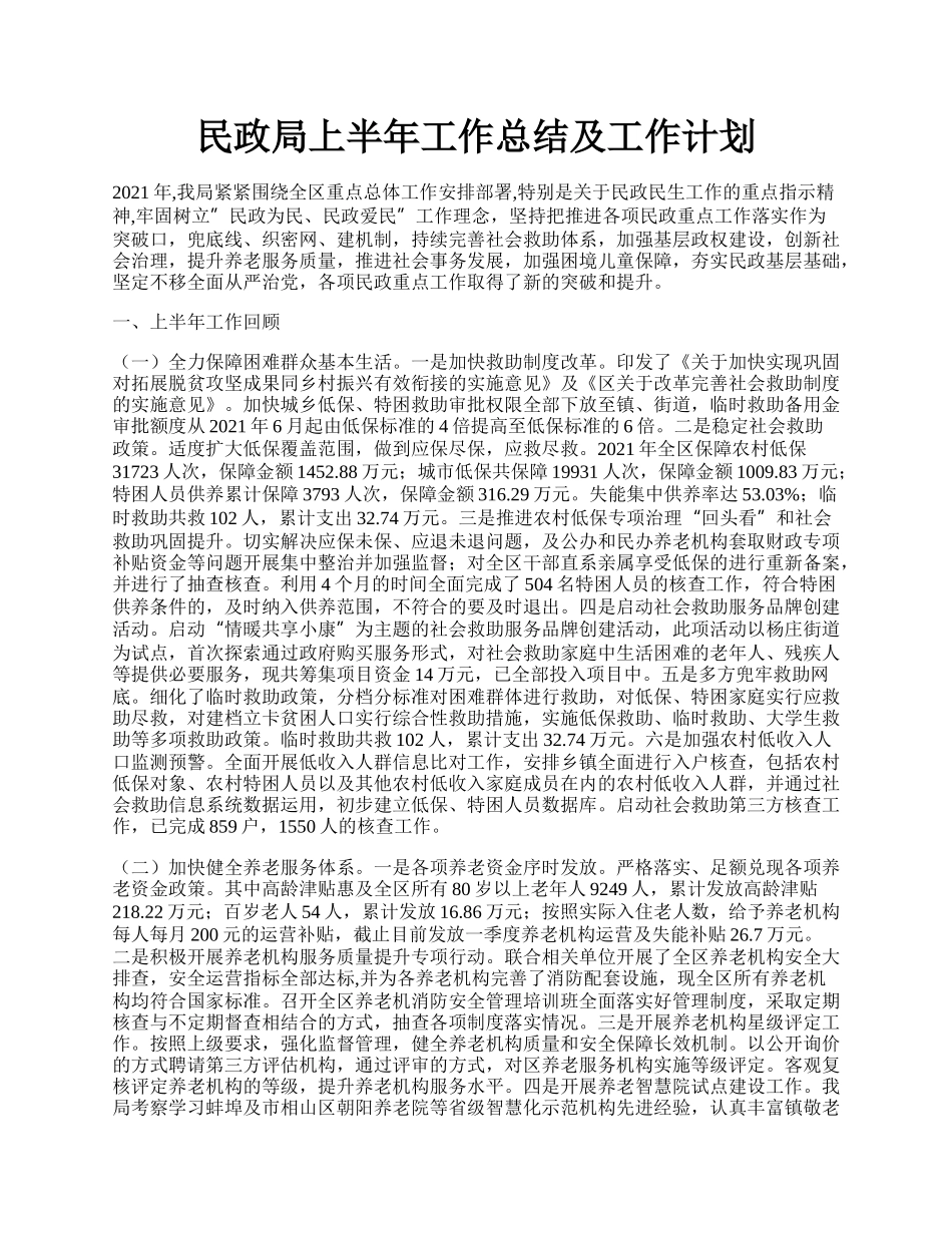 民政局上半年工作总结及工作计划.docx_第1页