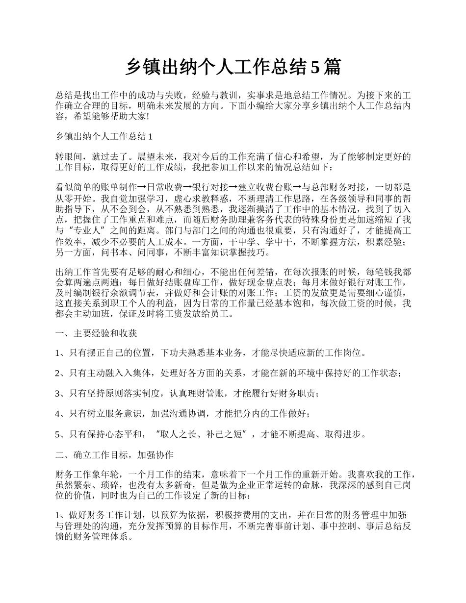 乡镇出纳个人工作总结5篇.docx_第1页