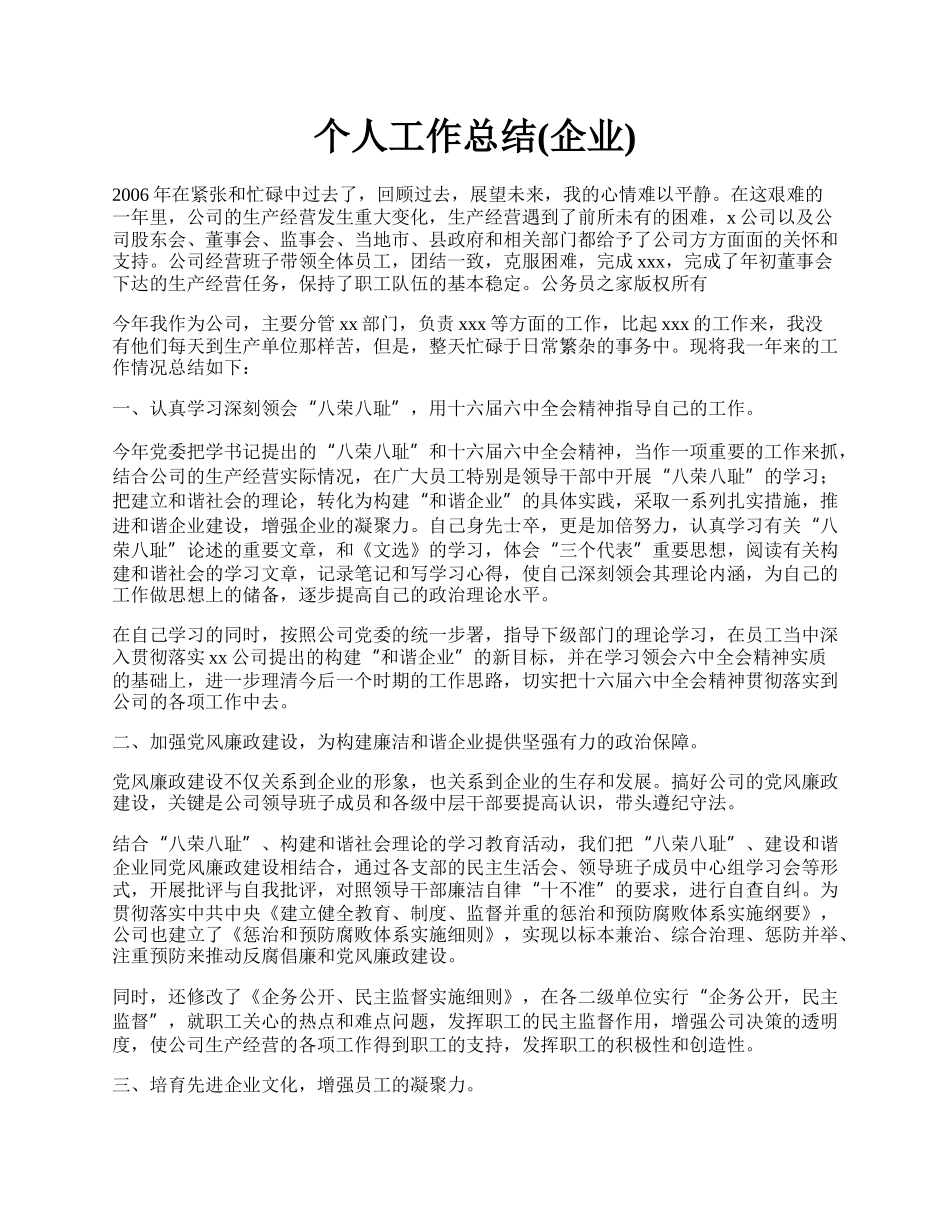 个人工作总结(企业).docx_第1页