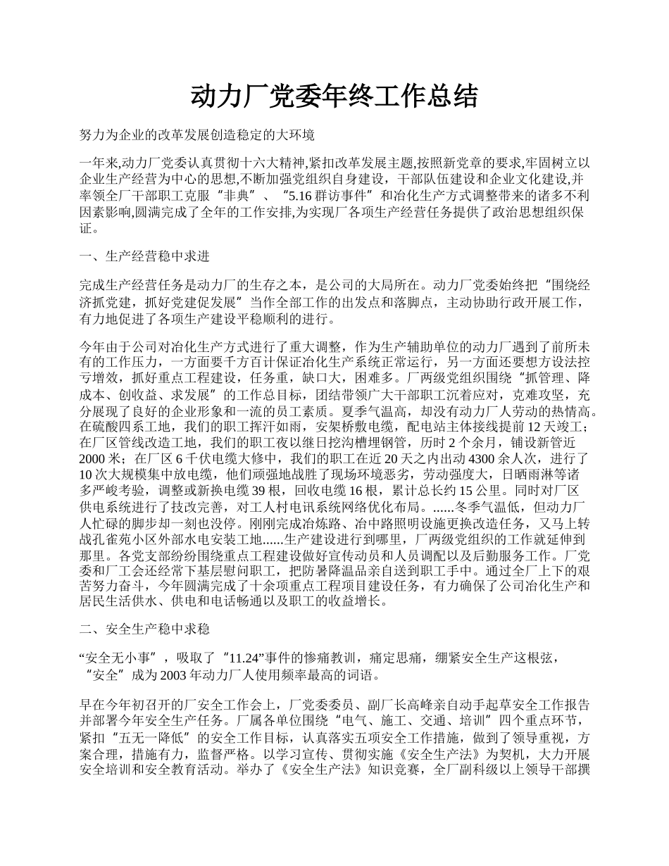 动力厂党委年终工作总结.docx_第1页