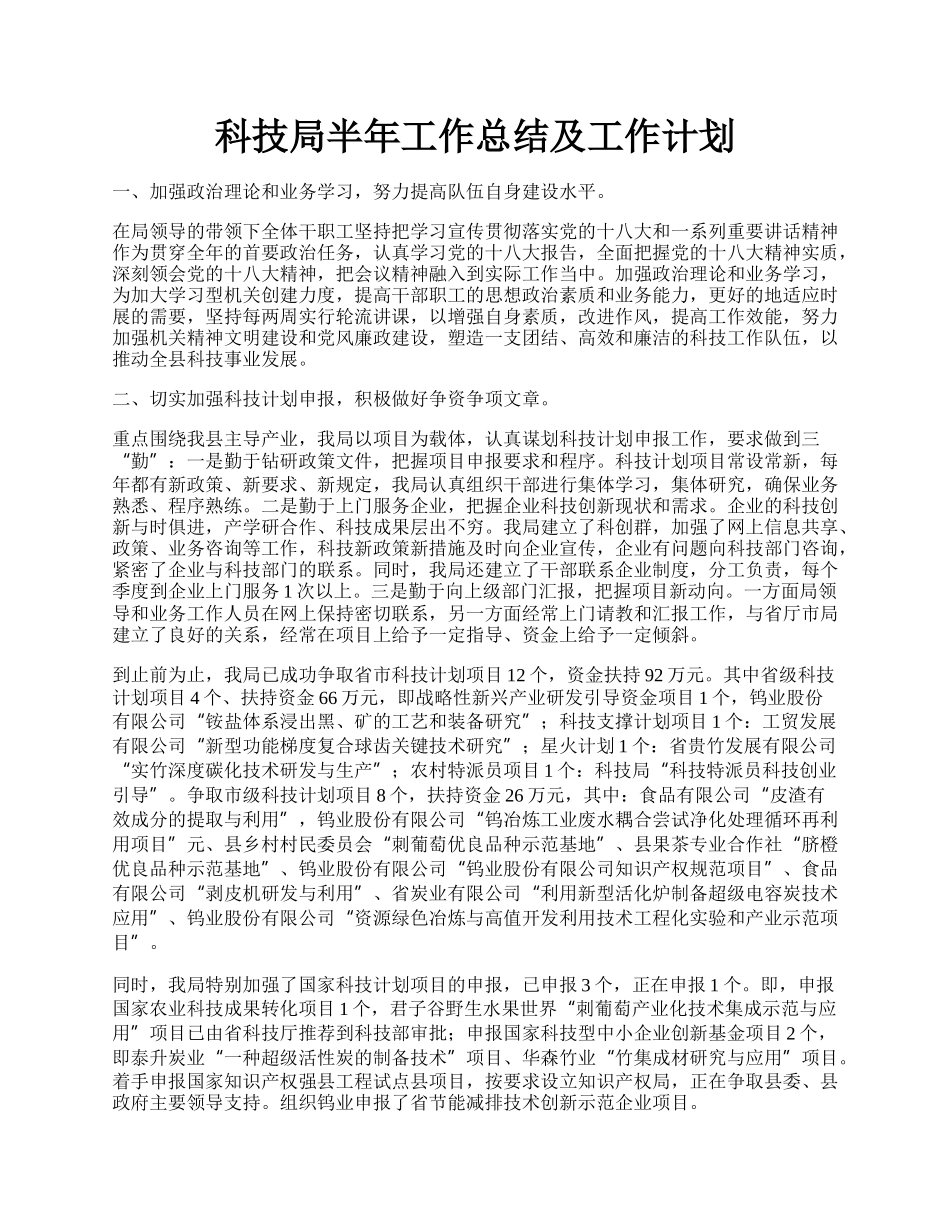 科技局半年工作总结及工作计划.docx_第1页