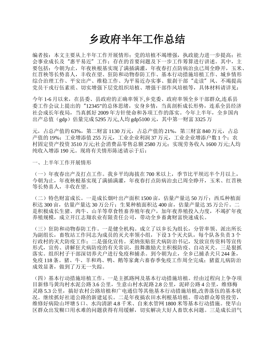 乡政府半年工作总结.docx_第1页