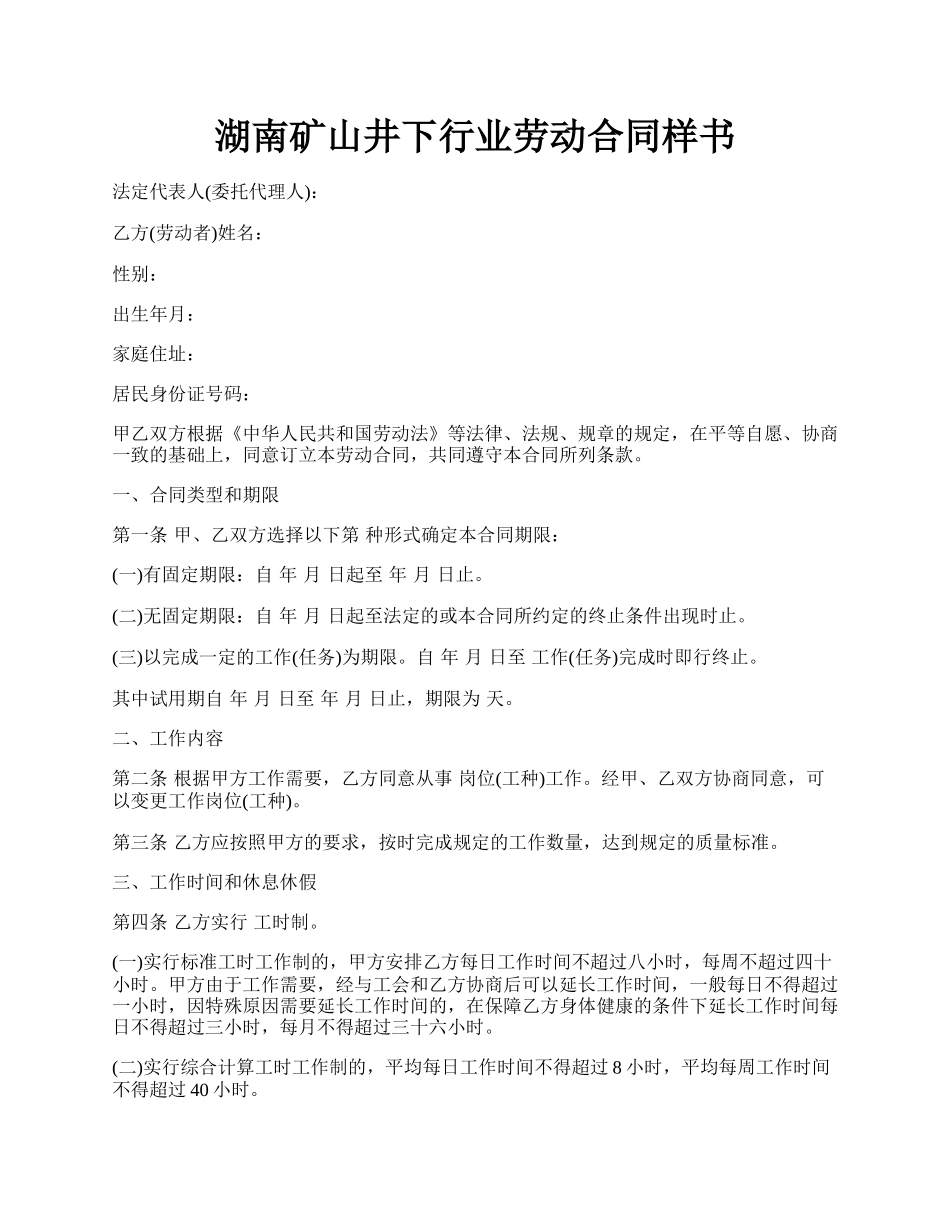 湖南矿山井下行业劳动合同样书.docx_第1页