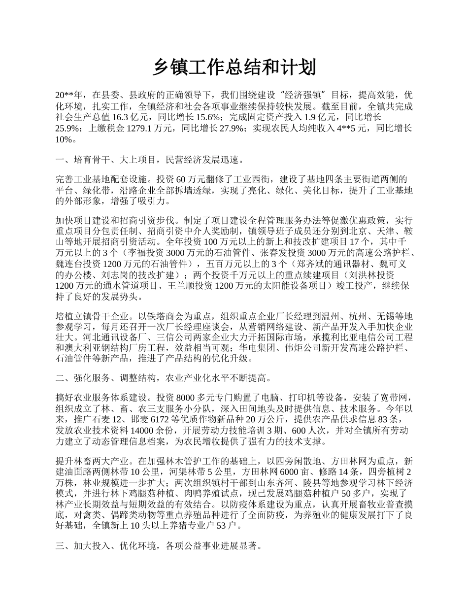 乡镇工作总结和计划.docx_第1页