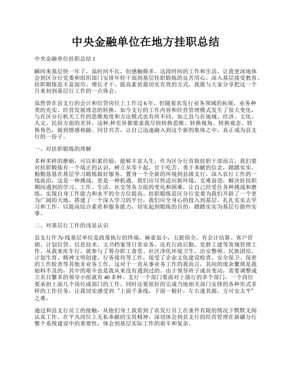 中央金融单位在地方挂职总结.docx_第1页