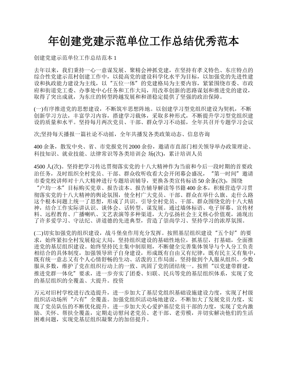 年创建党建示范单位工作总结优秀范本.docx_第1页