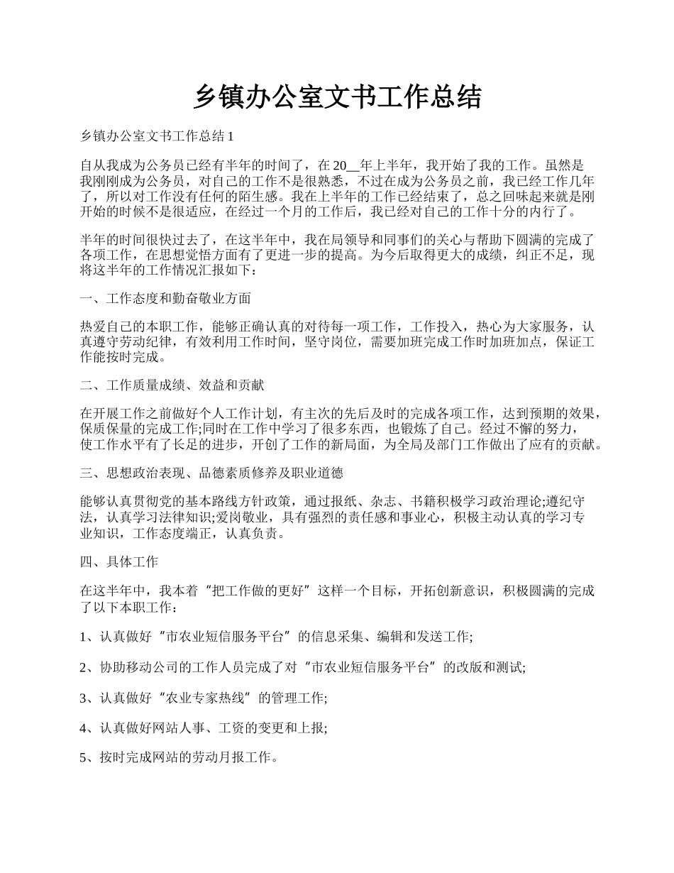 乡镇办公室文书工作总结.docx_第1页