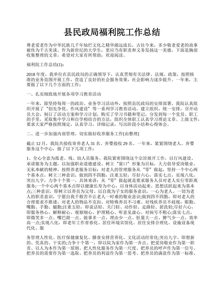 县民政局福利院工作总结.docx_第1页