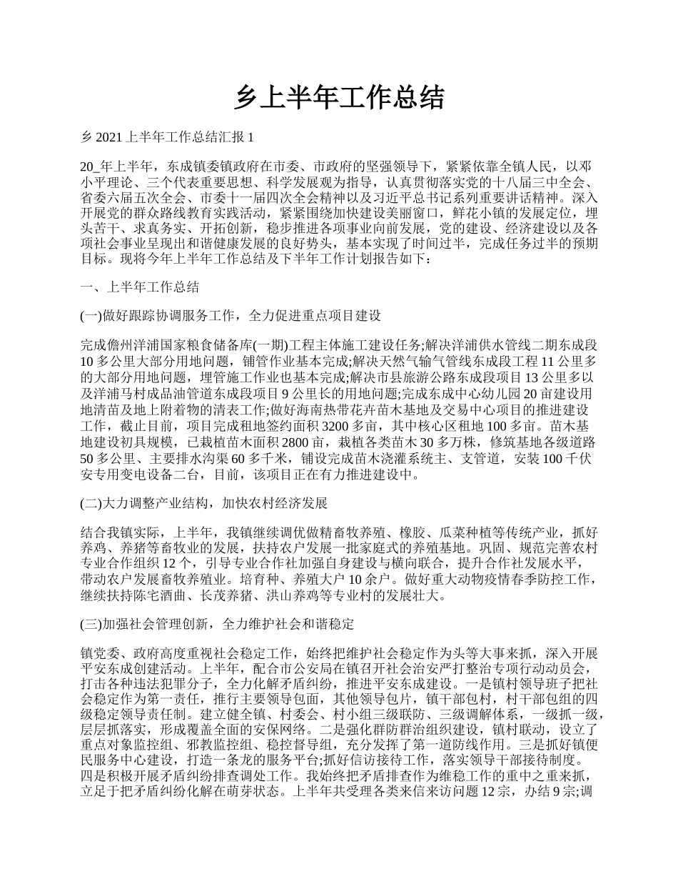 乡上半年工作总结.docx_第1页