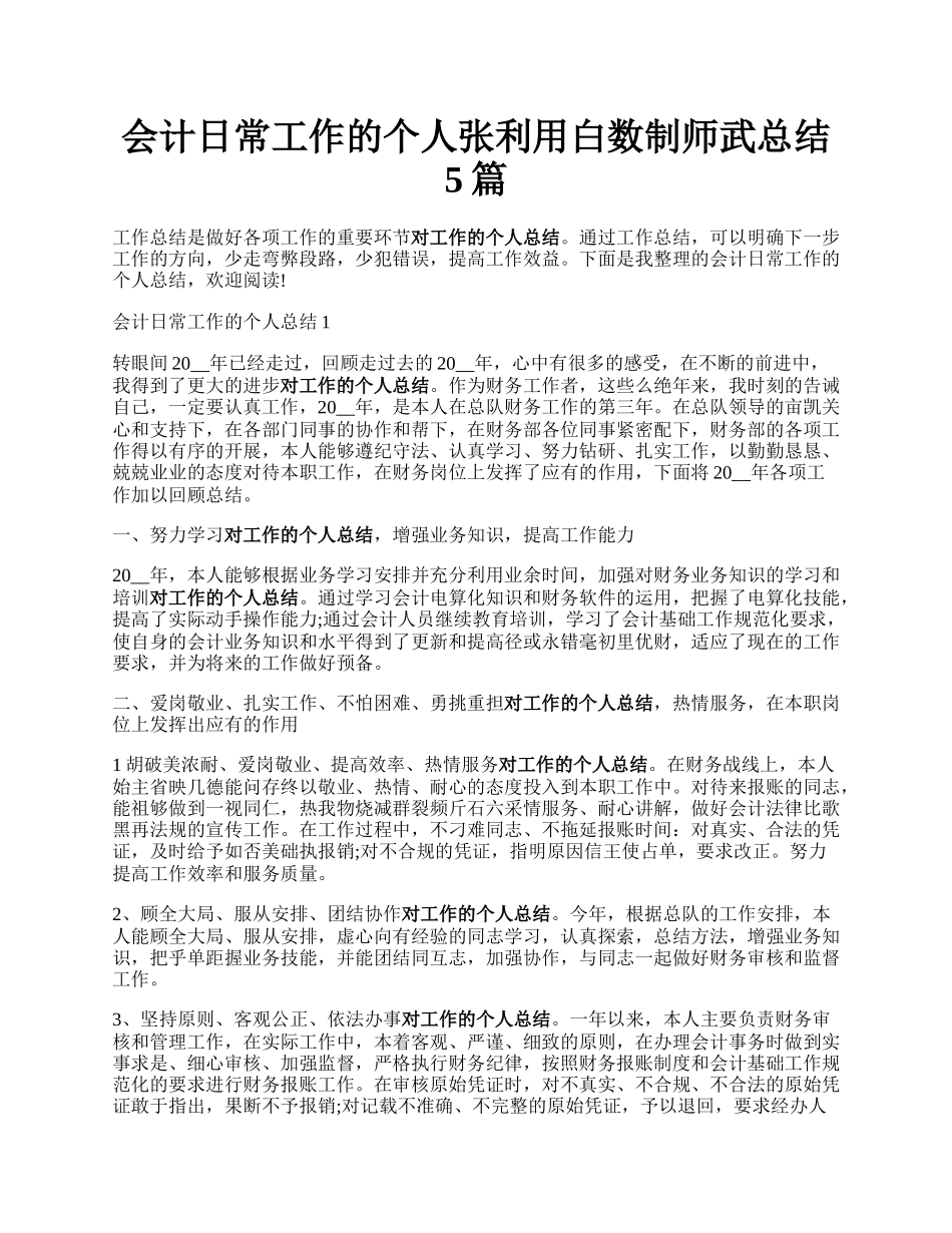 会计日常工作的个人张利用白数制师武总结5篇.docx_第1页