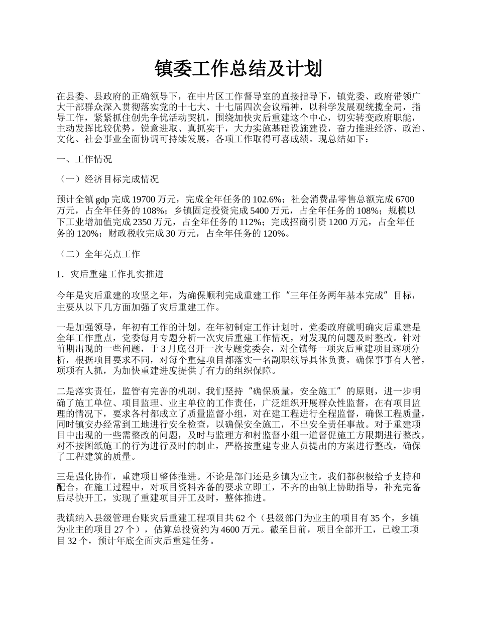 镇委工作总结及计划.docx_第1页