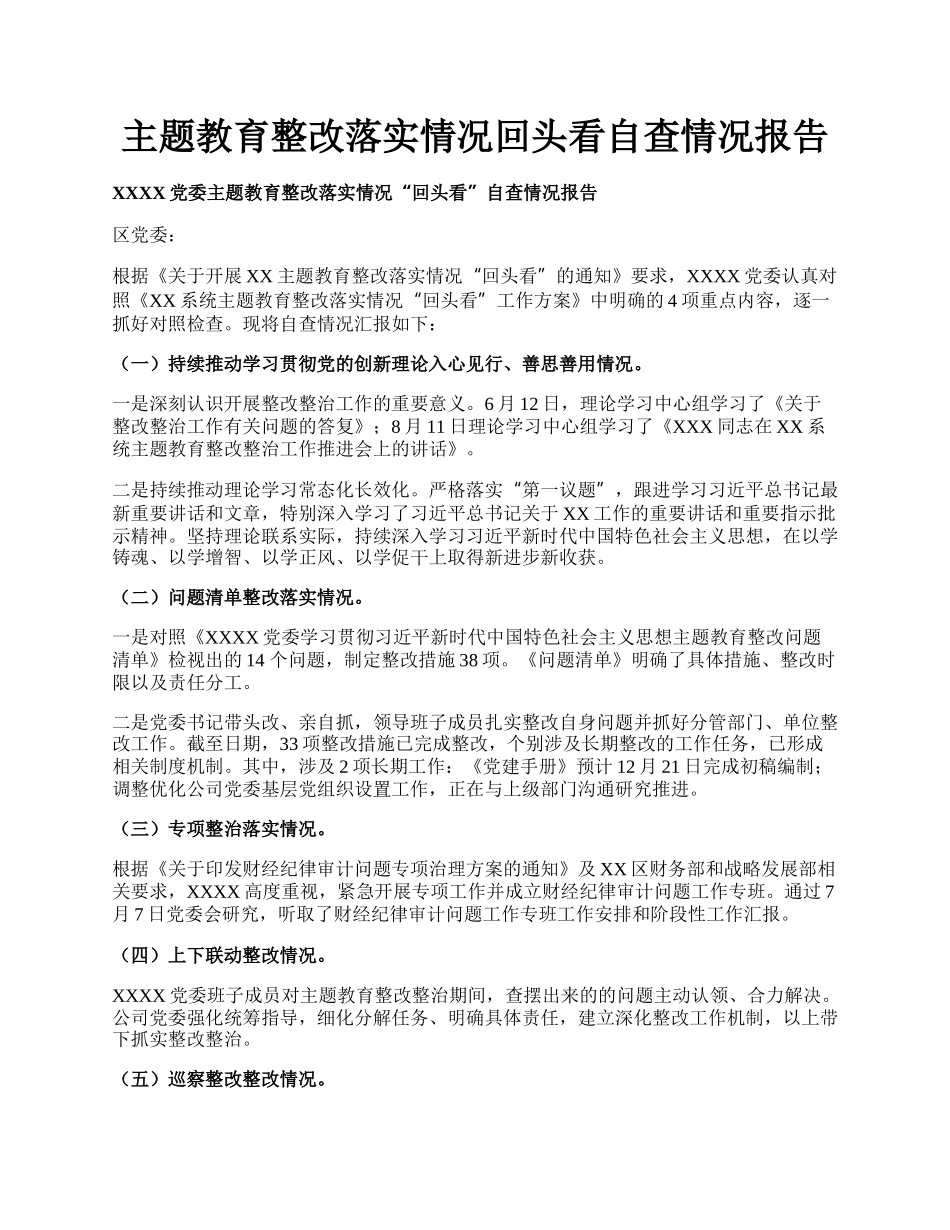 主题教育整改落实情况回头看自查情况报告.docx_第1页