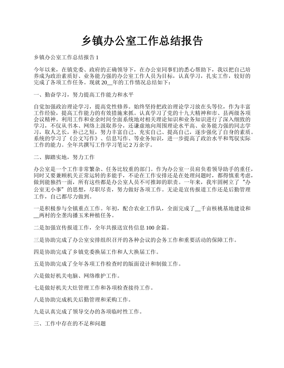 乡镇办公室工作总结报告.docx_第1页