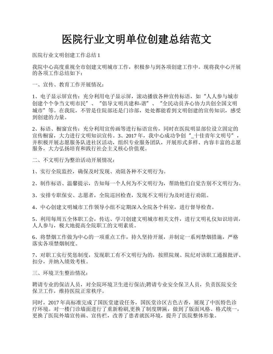 医院行业文明单位创建总结范文.docx_第1页