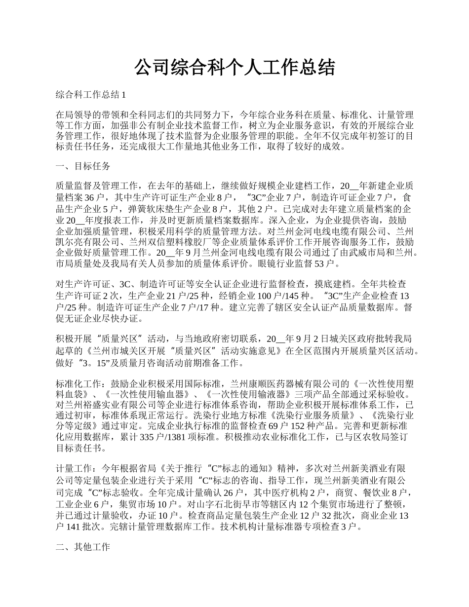 公司综合科个人工作总结.docx_第1页