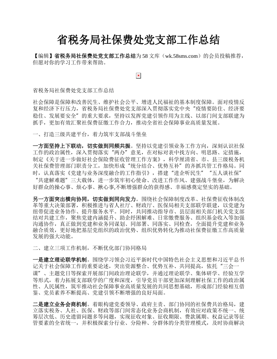 省税务局社保费处党支部工作总结.docx_第1页