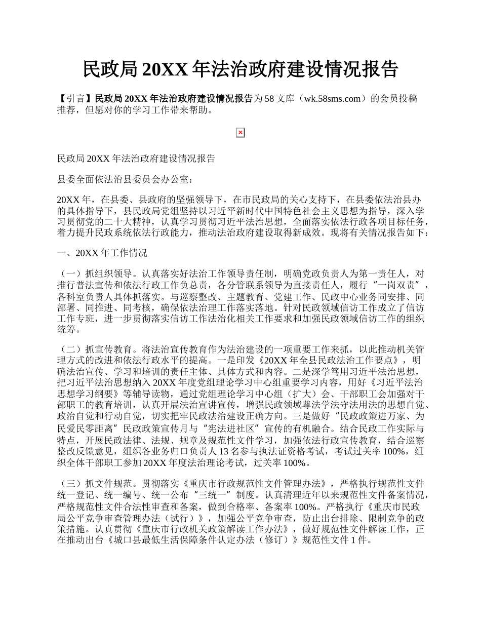 民政局20XX年法治政府建设情况报告.docx_第1页