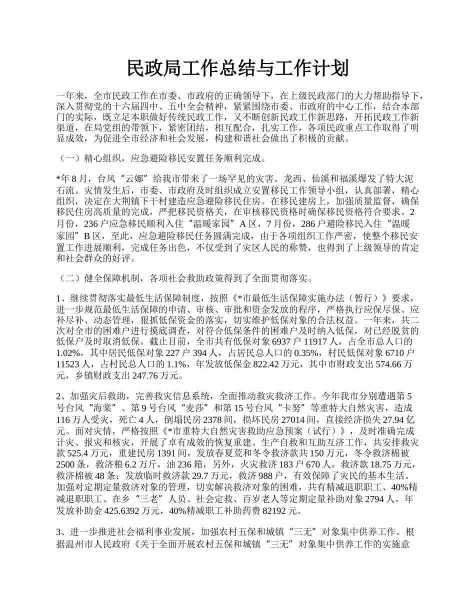 民政局工作总结与工作计划.docx_第1页