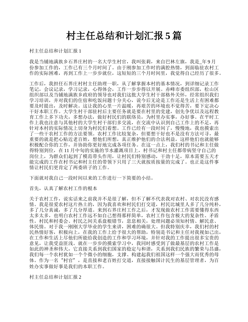 村主任总结和计划汇报5篇.docx_第1页