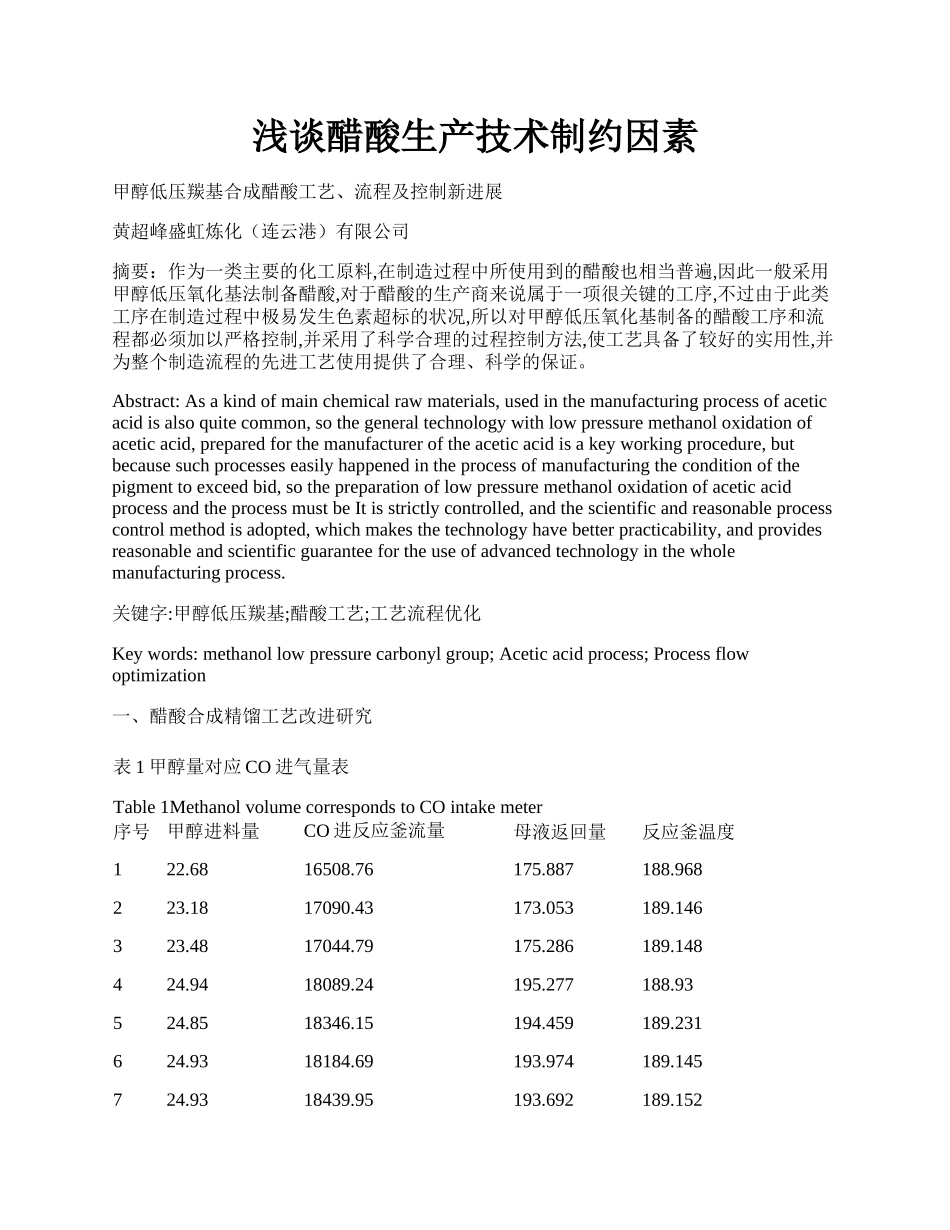 浅谈醋酸生产技术制约因素.docx_第1页