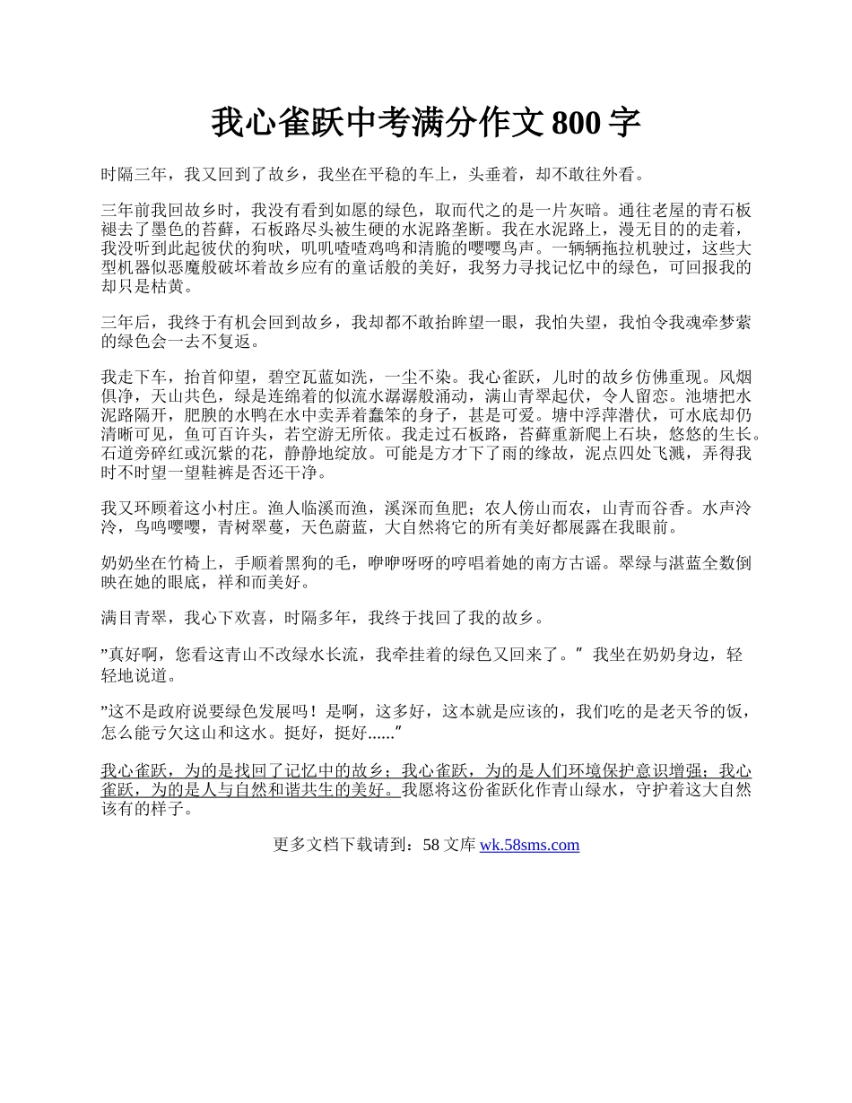 我心雀跃中考满分作文800字.docx_第1页