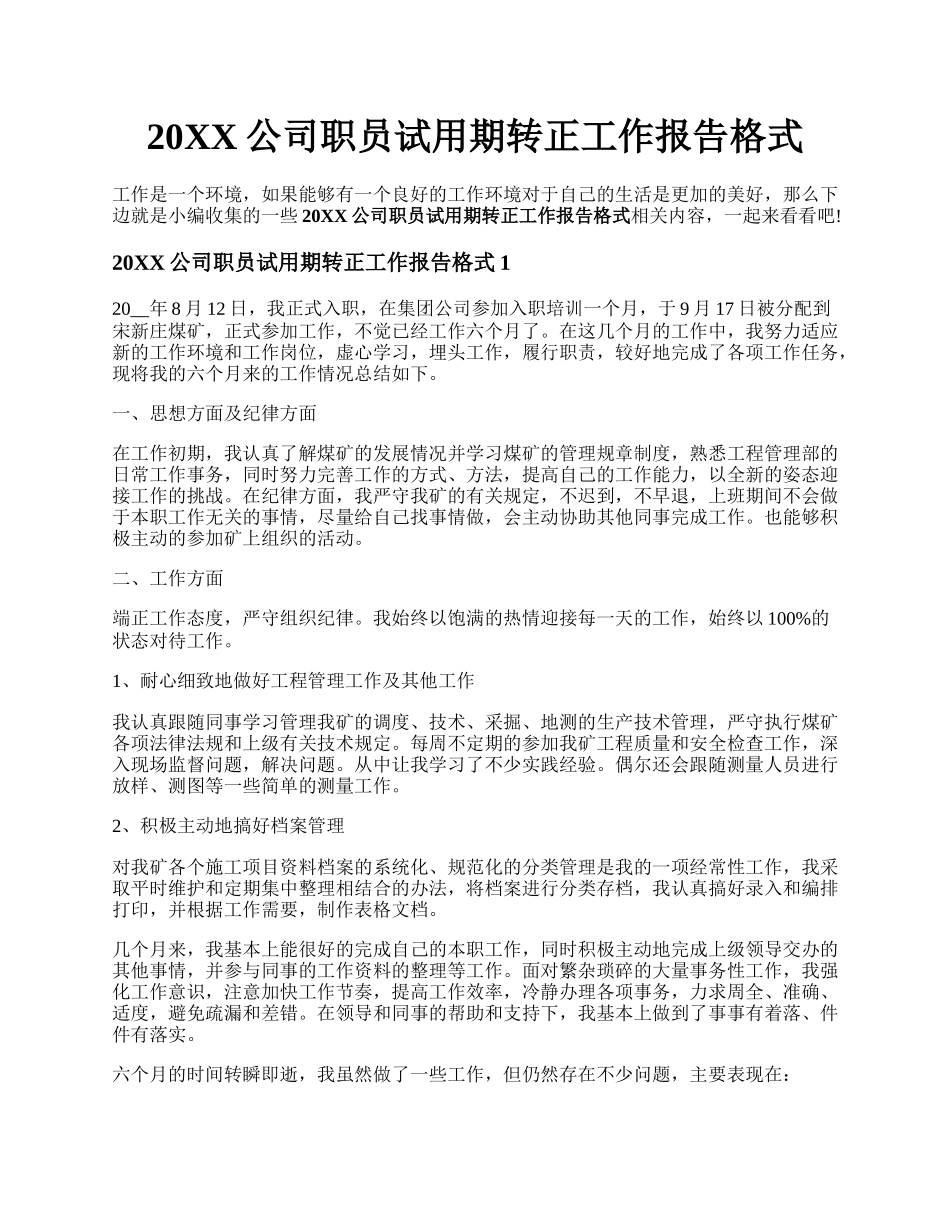 20XX公司职员试用期转正工作报告格式.docx_第1页