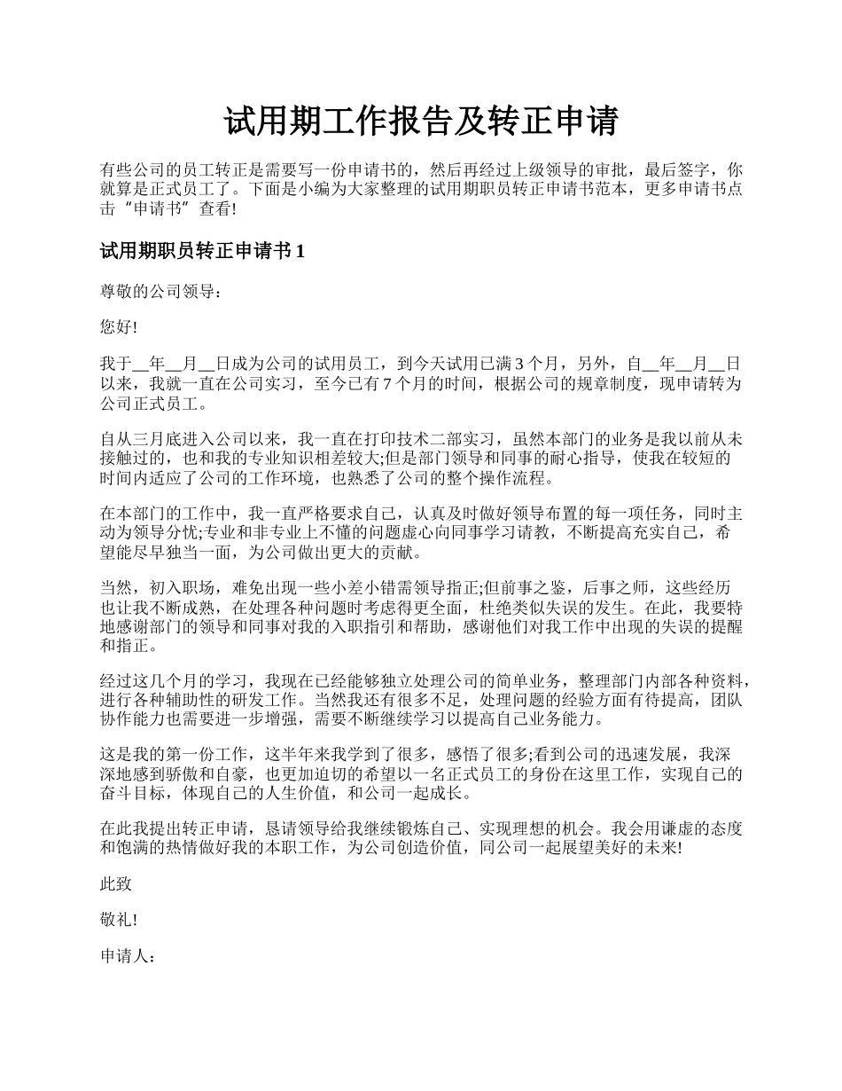 试用期工作报告及转正申请.docx_第1页