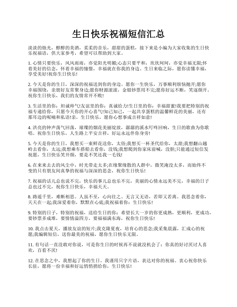 生日快乐祝福短信汇总.docx_第1页