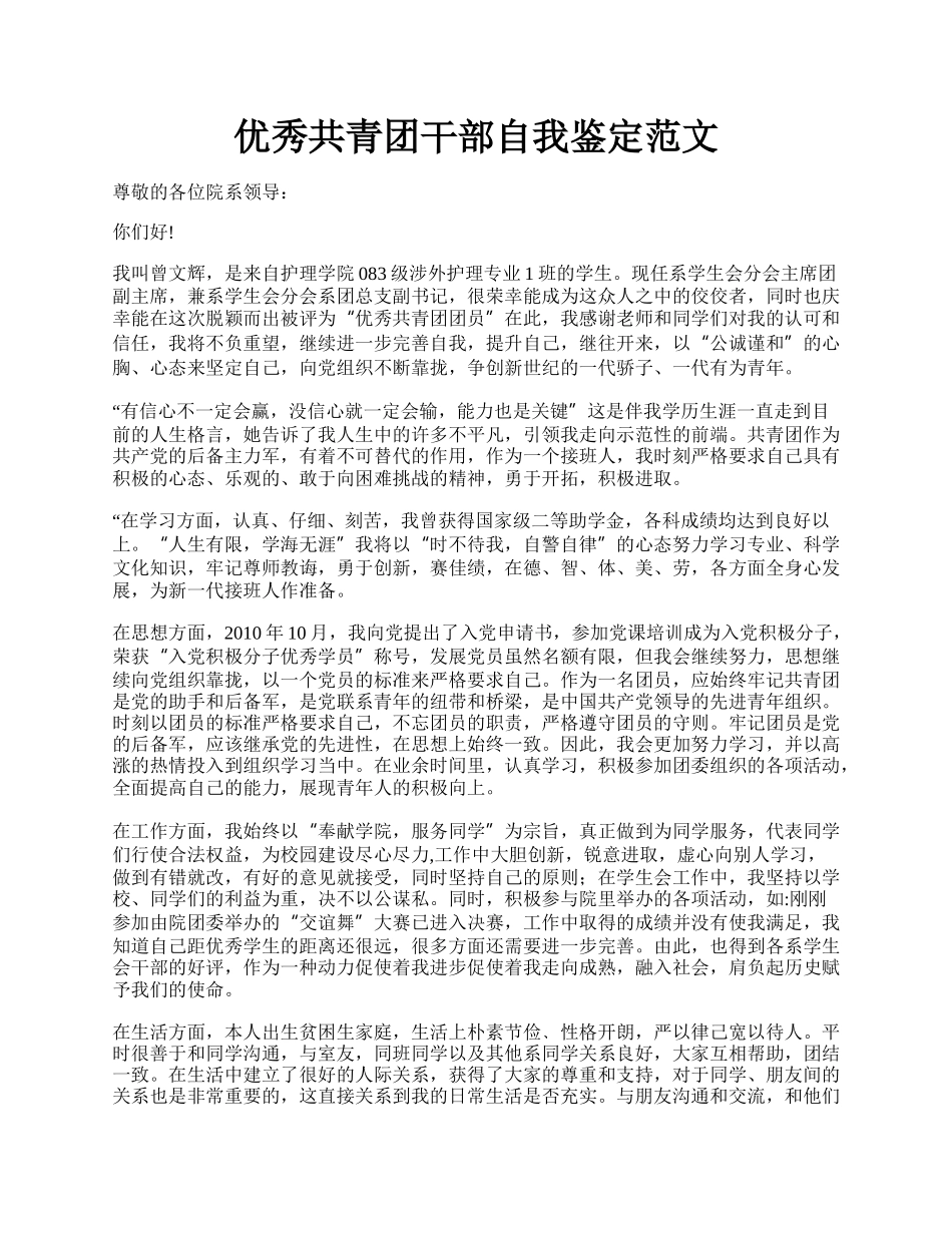 优秀共青团干部自我鉴定范文.docx_第1页