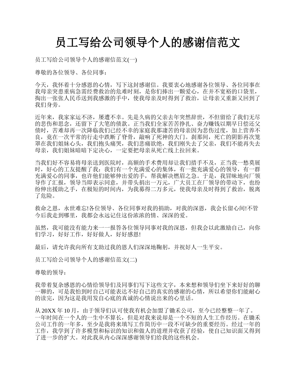 员工写给公司领导个人的感谢信范文.docx_第1页