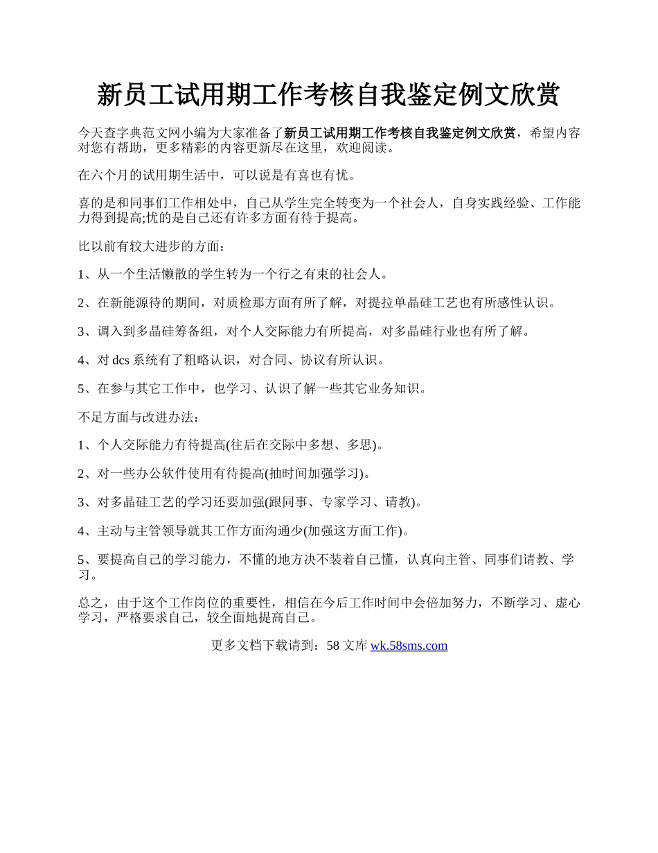 新员工试用期工作考核自我鉴定例文欣赏.docx_第1页