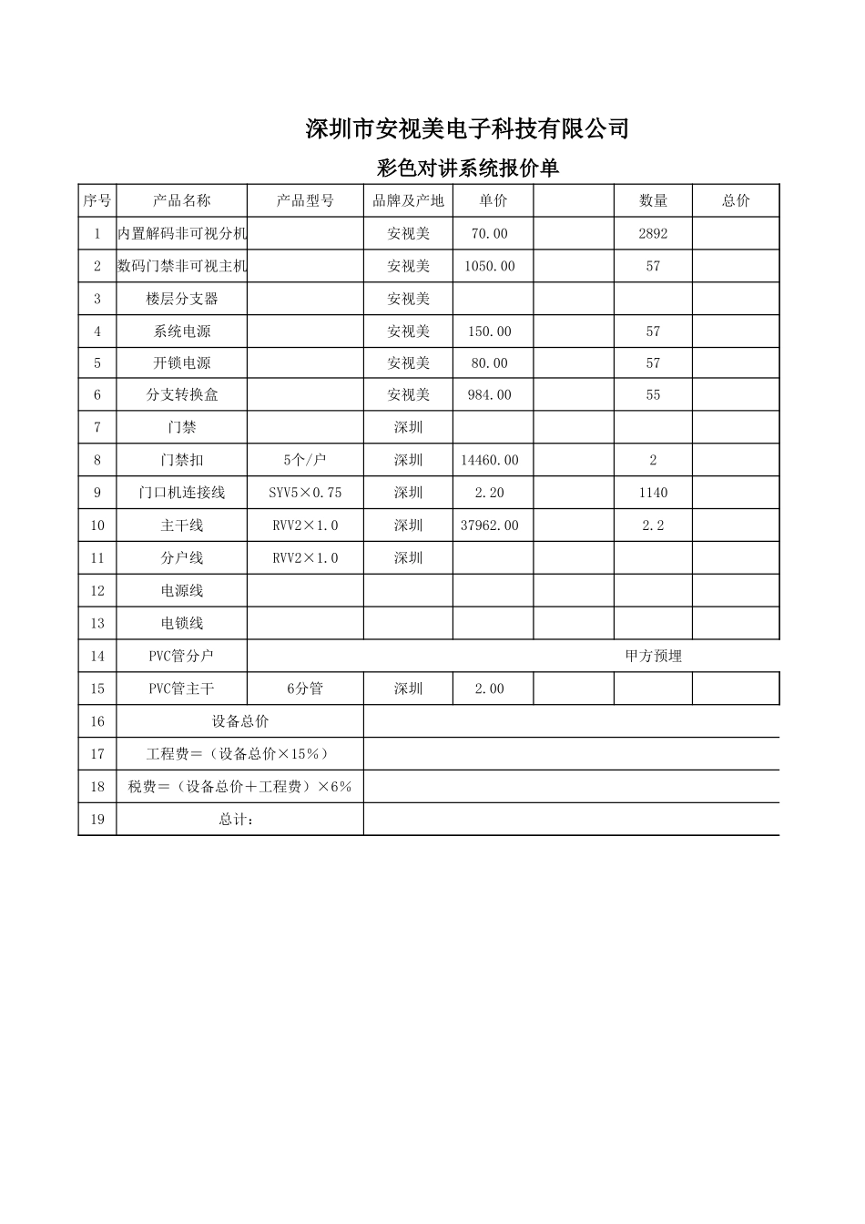 楼宇对讲系统报价单.xls_第1页