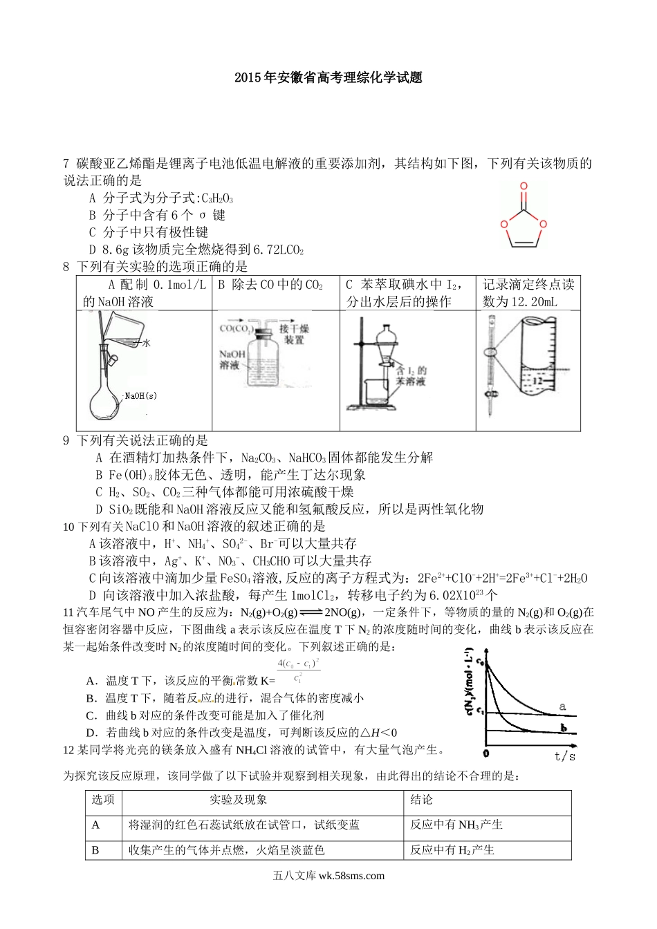 2015年安徽高考化学试卷及答案word.doc_第1页