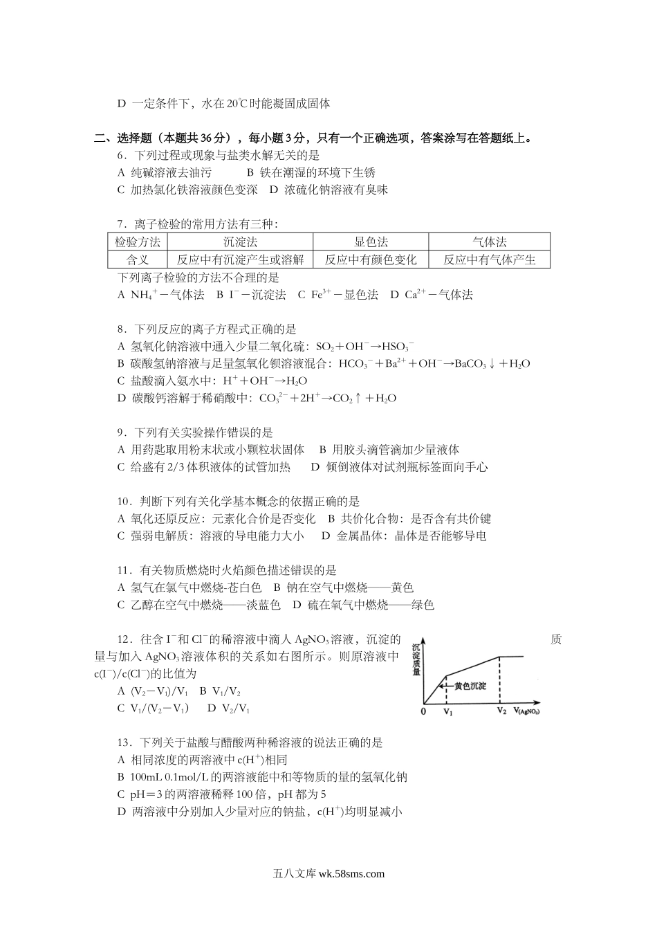 2007年上海市高中毕业统一学业考试化学试卷（word解析版）.doc_第2页