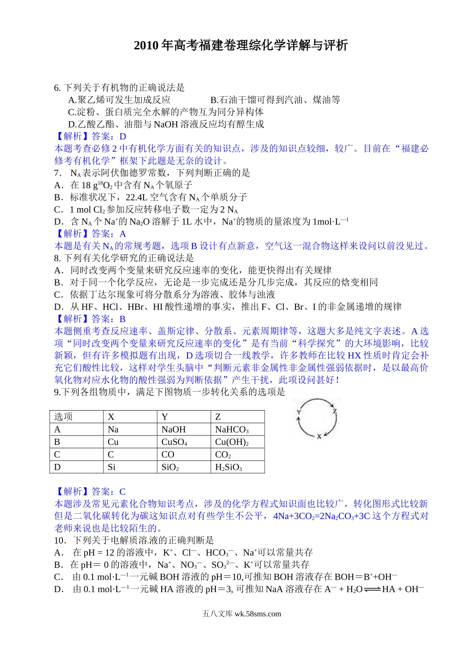 2010年福建高考化学试卷及答案word.doc_第1页