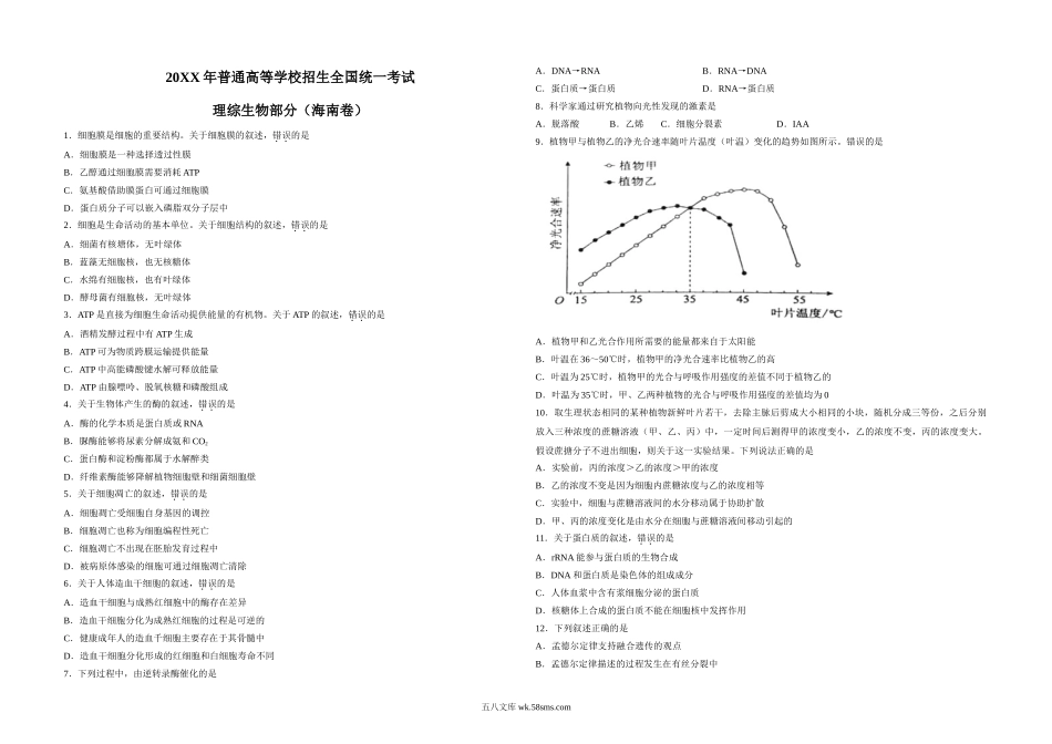 20XX年高考海南省生物试题及答案.doc_第1页