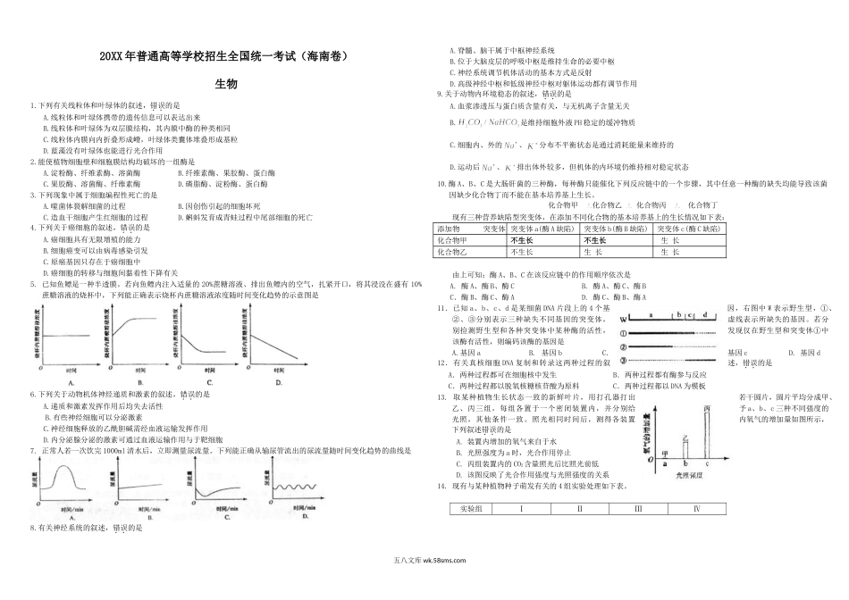 20XX年高考海南卷生物试题及答案(1).doc_第1页