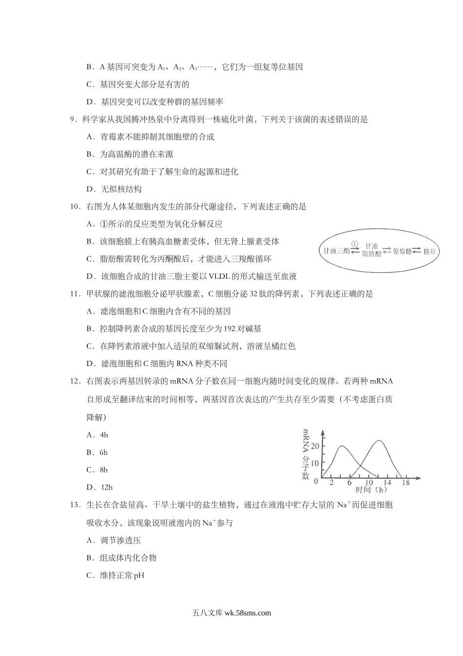 20XX年上海市高中毕业统一学业考试生物试卷（答案版）(9).doc_第2页