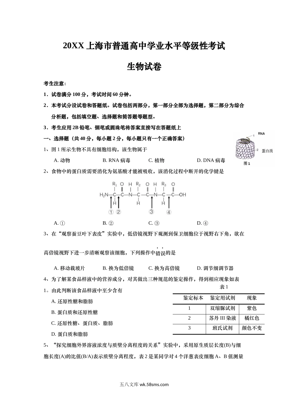 20XX年上海市高中毕业统一学业考试生物试卷（原卷版）.docx_第1页