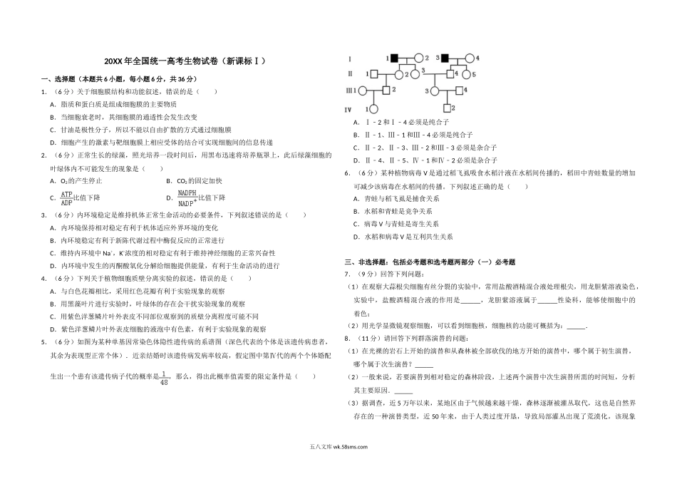 20XX年全国统一高考生物试卷（新课标ⅰ）（原卷版）(1).doc_第1页