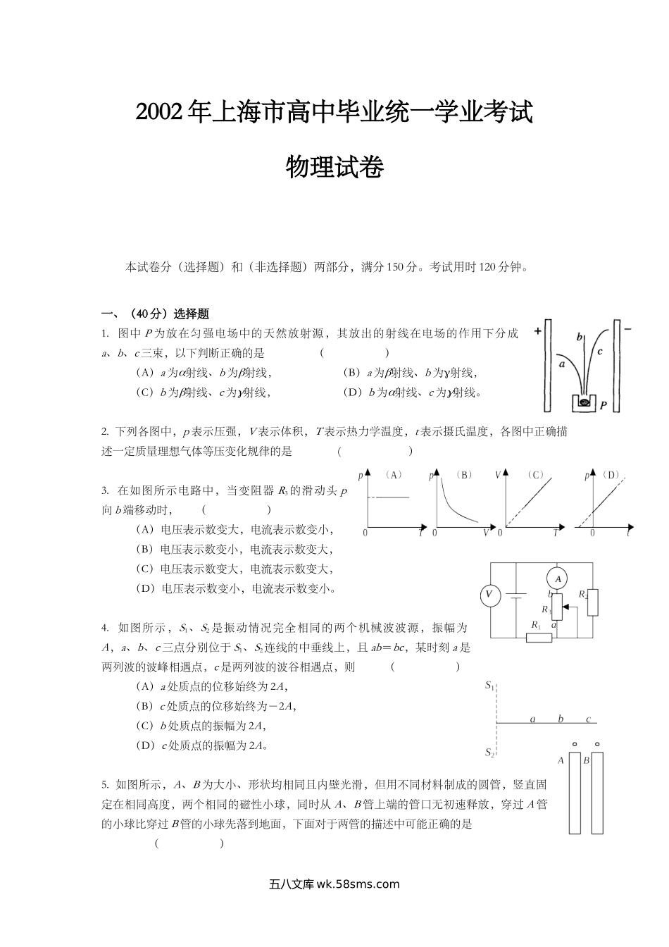 2002年上海市高中毕业统一学业考试物理试卷（原卷版）.doc_第1页