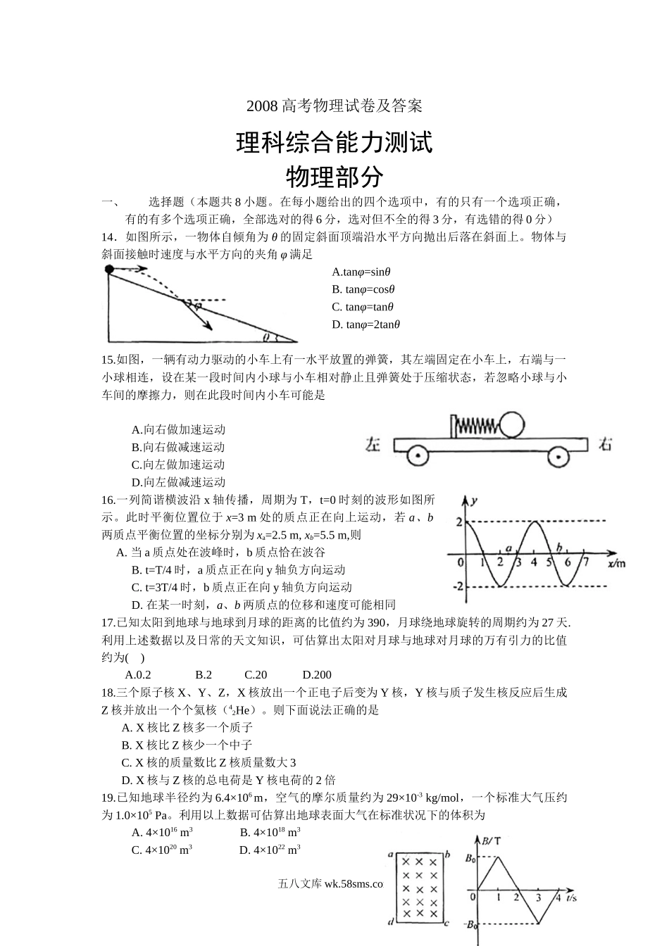 2008高考福建卷理综物理部分(含答案).docx_第1页