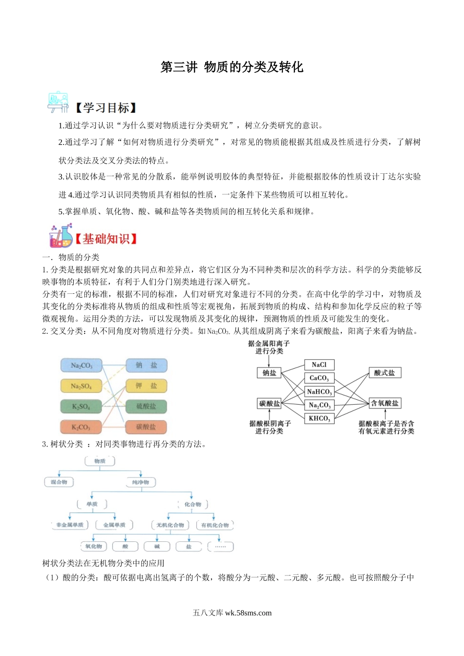 化学（人教版）_新高一化学暑假讲义_新高一化学（第1套）_学生版文件夹（目录不含答案或解析）目录与教师版一致_讲义03 物质的分类及转化（学生版）- 新高一化学暑假精品讲义  .doc_第1页