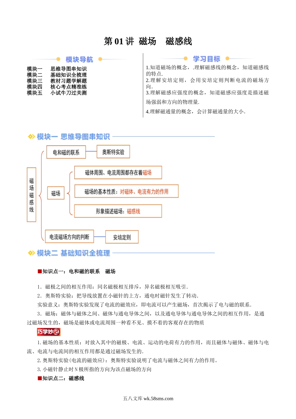 物理（人教版）_新高二物理暑假讲义_20XX年新高二物理暑假提升精品讲义_提前预习_第01讲+磁场++磁感线20XX年新高二物理暑假提升精品讲义（人教版）_第01讲 磁场  磁感线20XX年新高一物理暑假提升精品讲义（人教版）_第01讲 磁场  磁感线（原卷版）（自主预习）.docx_第1页