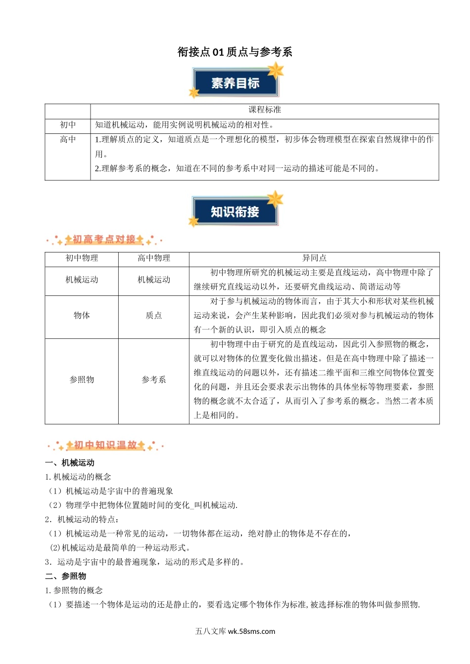 物理（人教版）_新高一物理暑假讲义_初升高物理（20XX最新版）_衔接点01+质点与参考系-20XX年初升高物理无忧衔接（通用版）_衔接点01 质点与参考系（原卷版）.docx_第1页