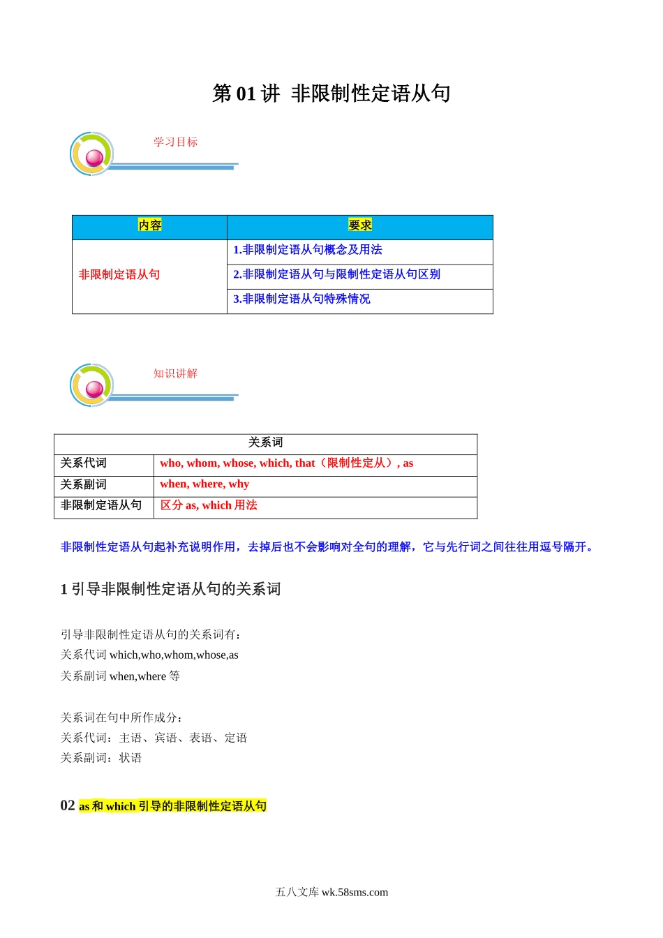 英语（人教版）_新高二英语暑假衔接讲义（2）_20XX年新高二英语暑假提升精品讲义（人教版）_第01讲++非限制性定语从句+-20XX年暑假高二英语提升精品讲义（人教版）_第01讲 非限制性定语从句（原题版）.docx_第1页